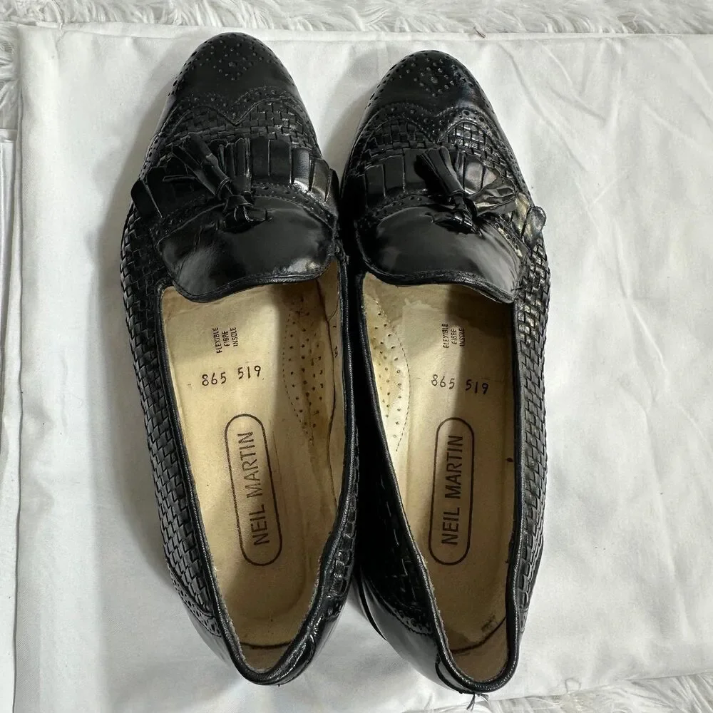 Neil Martin Black Woven Leather Tassel Loafers Mens 9 Kiltie Wingtip Brogue VTG